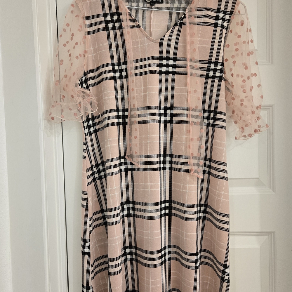 Pink Plaid Dress with Sheer Polka Dot Sleeves